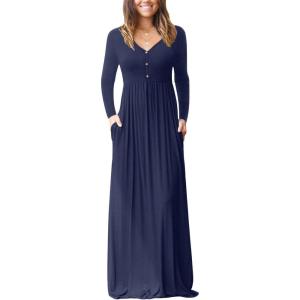 imageGRECERELLE Womens Long Sleeve V Neck Casual Button Maxi Dress 2025 with PocketsNavy Blue