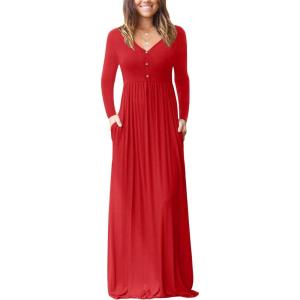 imageGRECERELLE Womens Long Sleeve V Neck Casual Button Maxi Dress 2025 with PocketsRed