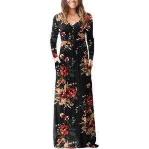 imageGRECERELLE Womens Long Sleeve V Neck Casual Button Maxi Dress 2025 with PocketsRed Brown Black