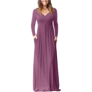 imageGRECERELLE Womens Long Sleeve V Neck Casual Button Maxi Dress 2025 with PocketsRed Gray