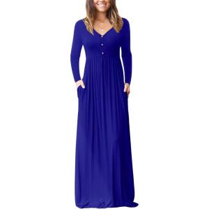 imageGRECERELLE Womens Long Sleeve V Neck Casual Button Maxi Dress 2025 with PocketsRoyal Blue