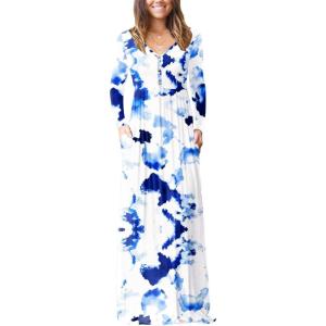 imageGRECERELLE Womens Long Sleeve V Neck Casual Button Maxi Dress 2025 with PocketsWhite Ink Blue