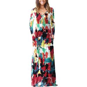 imageGRECERELLE Womens Long Sleeve V Neck Casual Button Maxi Dress 2025 with PocketsWhite Ink Red