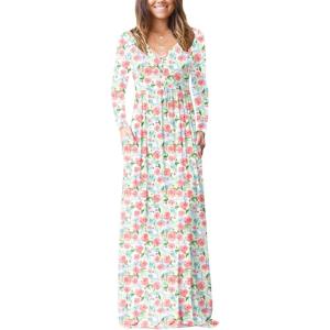 imageGRECERELLE Womens Long Sleeve V Neck Casual Button Maxi Dress 2025 with PocketsWhite Pink Rose