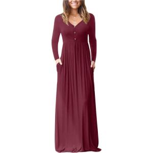 imageGRECERELLE Womens Long Sleeve V Neck Casual Button Maxi Dress 2025 with PocketsWine Red