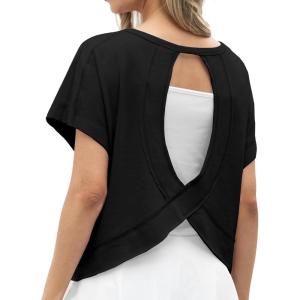 imageGRECERELLE Womens Open Back Workout Tops Backless Athletic Shirts Casual Crop Running Tee Y2k YogaAblack