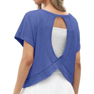 imageGRECERELLE Womens Open Back Workout Tops Backless Athletic Shirts Casual Crop Running Tee Y2k YogaAroyal Blue
