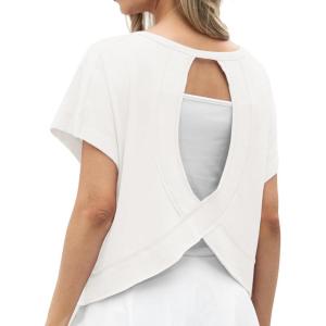 imageGRECERELLE Womens Open Back Workout Tops Backless Athletic Shirts Casual Crop Running Tee Y2k YogaAwhite