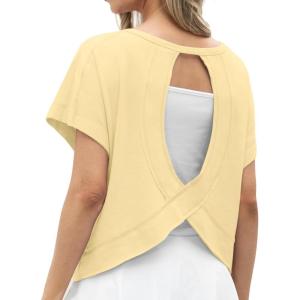 imageGRECERELLE Womens Open Back Workout Tops Backless Athletic Shirts Casual Crop Running Tee Y2k YogaBeige