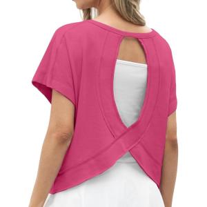 imageGRECERELLE Womens Open Back Workout Tops Backless Athletic Shirts Casual Crop Running Tee Y2k YogaHot Pink