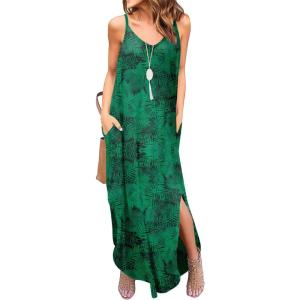 imageGRECERELLE Womens Summer Casual Loose Dress Beach Cover Up Long Cami Maxi Dresses with Pocket12 Fp Big Green Leaf