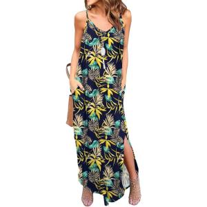 imageGRECERELLE Womens Summer Casual Loose Dress Beach Cover Up Long Cami Maxi Dresses with Pocket23 Fp Yellow Leafnavy