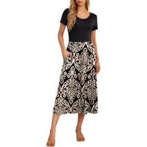 imageGRECERELLE Womens Summer Casual Short Sleeve Crewneck Tiered Flowy Maxi Long Dress with Pockets S2XL01 Prints Khaki