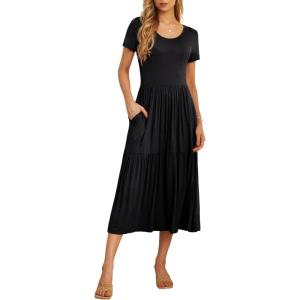 imageGRECERELLE Womens Summer Casual Short Sleeve Crewneck Tiered Flowy Maxi Long Dress with Pockets S2XLBlack