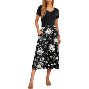 imageGRECERELLE Womens Summer Casual Short Sleeve Crewneck Tiered Flowy Maxi Long Dress with Pockets S2XLBlack White Flower