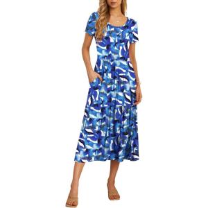 imageGRECERELLE Womens Summer Casual Short Sleeve Crewneck Tiered Flowy Maxi Long Dress with Pockets S2XLBlue Ink White