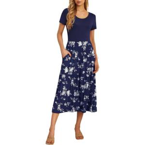 imageGRECERELLE Womens Summer Casual Short Sleeve Crewneck Tiered Flowy Maxi Long Dress with Pockets S2XLBlue Small Flower