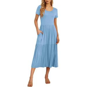 imageGRECERELLE Womens Summer Casual Short Sleeve Crewneck Tiered Flowy Maxi Long Dress with Pockets S2XLDenim Blue