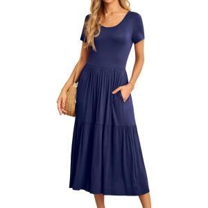 imageGRECERELLE Womens Summer Casual Short Sleeve Crewneck Tiered Flowy Maxi Long Dress with Pockets S2XLNavy Blue