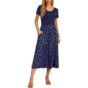 imageGRECERELLE Womens Summer Casual Short Sleeve Crewneck Tiered Flowy Maxi Long Dress with Pockets S2XLPolka Dot White Navy