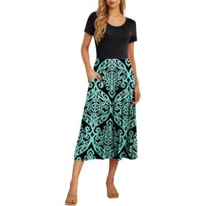 imageGRECERELLE Womens Summer Casual Short Sleeve Crewneck Tiered Flowy Maxi Long Dress with Pockets S2XLPrints Bluegreen
