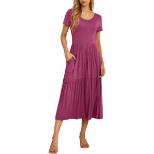 imageGRECERELLE Womens Summer Casual Short Sleeve Crewneck Tiered Flowy Maxi Long Dress with Pockets S2XLRed Gray