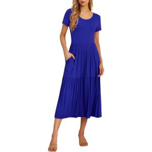 imageGRECERELLE Womens Summer Casual Short Sleeve Crewneck Tiered Flowy Maxi Long Dress with Pockets S2XLRoyal Blue