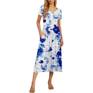 imageGRECERELLE Womens Summer Casual Short Sleeve Crewneck Tiered Flowy Maxi Long Dress with Pockets S2XLWhite Ink Blue