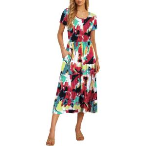 imageGRECERELLE Womens Summer Casual Short Sleeve Crewneck Tiered Flowy Maxi Long Dress with Pockets S2XLWhite Ink Red