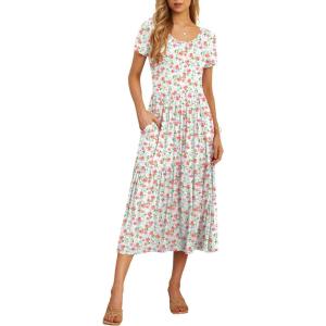 imageGRECERELLE Womens Summer Casual Short Sleeve Crewneck Tiered Flowy Maxi Long Dress with Pockets S2XLWhite Pink Rose