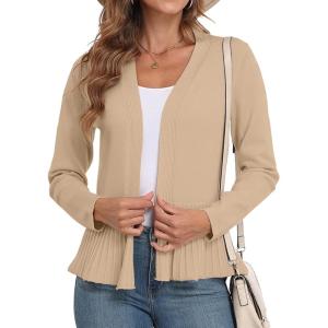 imageGRECERELLE Women Lightweight Casual Long Sleeves Cropped Cardigan Open Front Peplum Knit Sweater OutwearKhaki