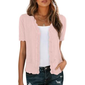imageGRECERELLE Womens Summer Lightweight Short Sleeve Cropped Cardigan VNeck Knit Sweater Shrug for DressyLight Pink