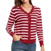 imageGRECERELLE Womens Long Sleeve VNeck Button Down Cardigan Knit Shrugs SweaterRed White Striped