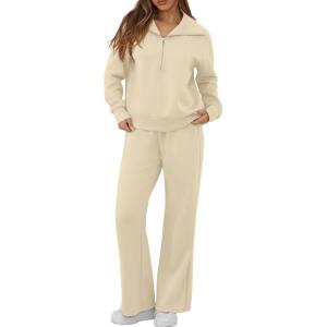 imageGRECERELLE Lounge Sets For Women 2025 Casual Lapel Half Zip Sweatshirt And Wide Leg Sweatpant 2 Piece Outfits Tracksuit SetsApricot