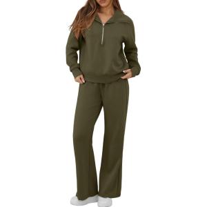 imageGRECERELLE Lounge Sets For Women 2025 Casual Lapel Half Zip Sweatshirt And Wide Leg Sweatpant 2 Piece Outfits Tracksuit SetsArmy Green