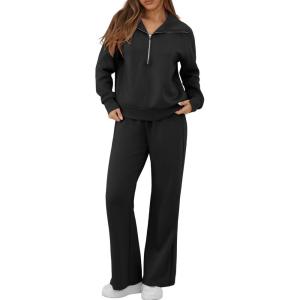 imageGRECERELLE Lounge Sets For Women 2025 Casual Lapel Half Zip Sweatshirt And Wide Leg Sweatpant 2 Piece Outfits Tracksuit SetsBlack