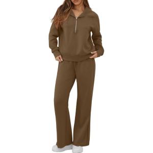 imageGRECERELLE Lounge Sets For Women 2025 Casual Lapel Half Zip Sweatshirt And Wide Leg Sweatpant 2 Piece Outfits Tracksuit SetsBrown