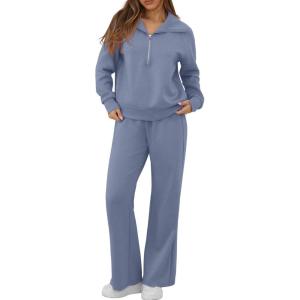 imageGRECERELLE Lounge Sets For Women 2025 Casual Lapel Half Zip Sweatshirt And Wide Leg Sweatpant 2 Piece Outfits Tracksuit SetsHaze Blue