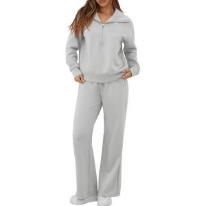 imageGRECERELLE Lounge Sets For Women 2025 Casual Lapel Half Zip Sweatshirt And Wide Leg Sweatpant 2 Piece Outfits Tracksuit SetsLight Gray
