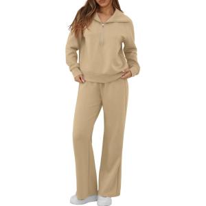 imageGRECERELLE Lounge Sets For Women 2025 Casual Lapel Half Zip Sweatshirt And Wide Leg Sweatpant 2 Piece Outfits Tracksuit SetsLight Khaki