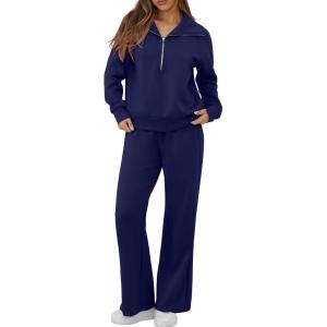imageGRECERELLE Lounge Sets For Women 2025 Casual Lapel Half Zip Sweatshirt And Wide Leg Sweatpant 2 Piece Outfits Tracksuit SetsNavy Blue