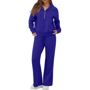 imageGRECERELLE Lounge Sets For Women 2025 Casual Lapel Half Zip Sweatshirt And Wide Leg Sweatpant 2 Piece Outfits Tracksuit SetsRoyal Blue