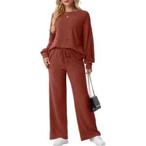 imageGRECERELLE Womens 2 Piece Outfits Winter 2025 Oversized Chunky Knit Sweater Top And Wide Leg Pants Lounge Set SweatsuitBrick Red