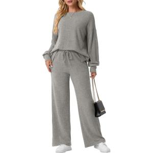 imageGRECERELLE Womens 2 Piece Outfits Winter 2025 Oversized Chunky Knit Sweater Top And Wide Leg Pants Lounge Set SweatsuitGray