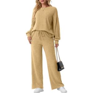 imageGRECERELLE Womens 2 Piece Outfits Winter 2025 Oversized Chunky Knit Sweater Top And Wide Leg Pants Lounge Set SweatsuitKhaki