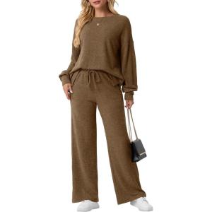imageGRECERELLE Womens 2 Piece Outfits Winter 2025 Oversized Chunky Knit Sweater Top And Wide Leg Pants Lounge Set SweatsuitTan