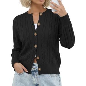 imageGRECERELLE Womens Long Sleeve Cable Knit Button Down Crew Neck Casual Cardigan Sweater S2XLBlack