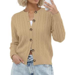 imageGRECERELLE Womens Long Sleeve Cable Knit Button Down Crew Neck Casual Cardigan Sweater S2XLKhaki