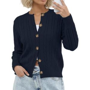 imageGRECERELLE Womens Long Sleeve Cable Knit Button Down Crew Neck Casual Cardigan Sweater S2XLNavy Blue