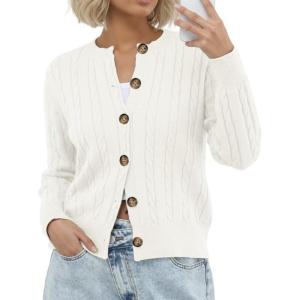 imageGRECERELLE Womens Long Sleeve Cable Knit Button Down Crew Neck Casual Cardigan Sweater S2XLWhite